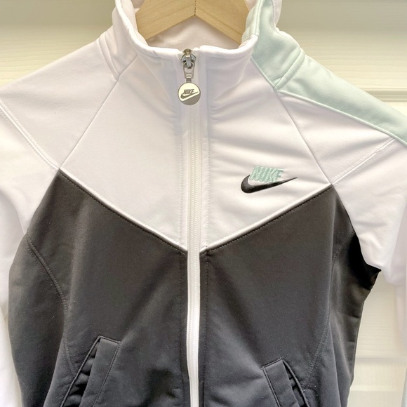 Nike zip up jacket workout athletic white greynavy teal stripe on left arm small - Picture 2 of 8